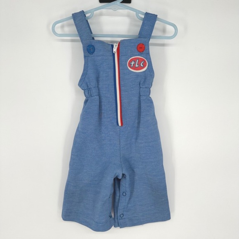 Vintage 70s 80s Carters Blue Chambray Overalls Romper TLC Patch‎ Snap Crotch 12M